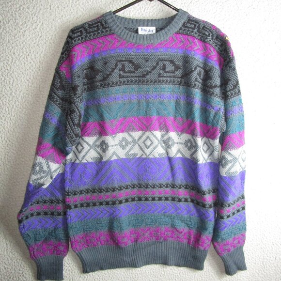 VINTAGE MEISTER MEN'S SWEATER GRAY PINK PURPLE LARGE WOOL ACRYLIC - Picture 1 of 3